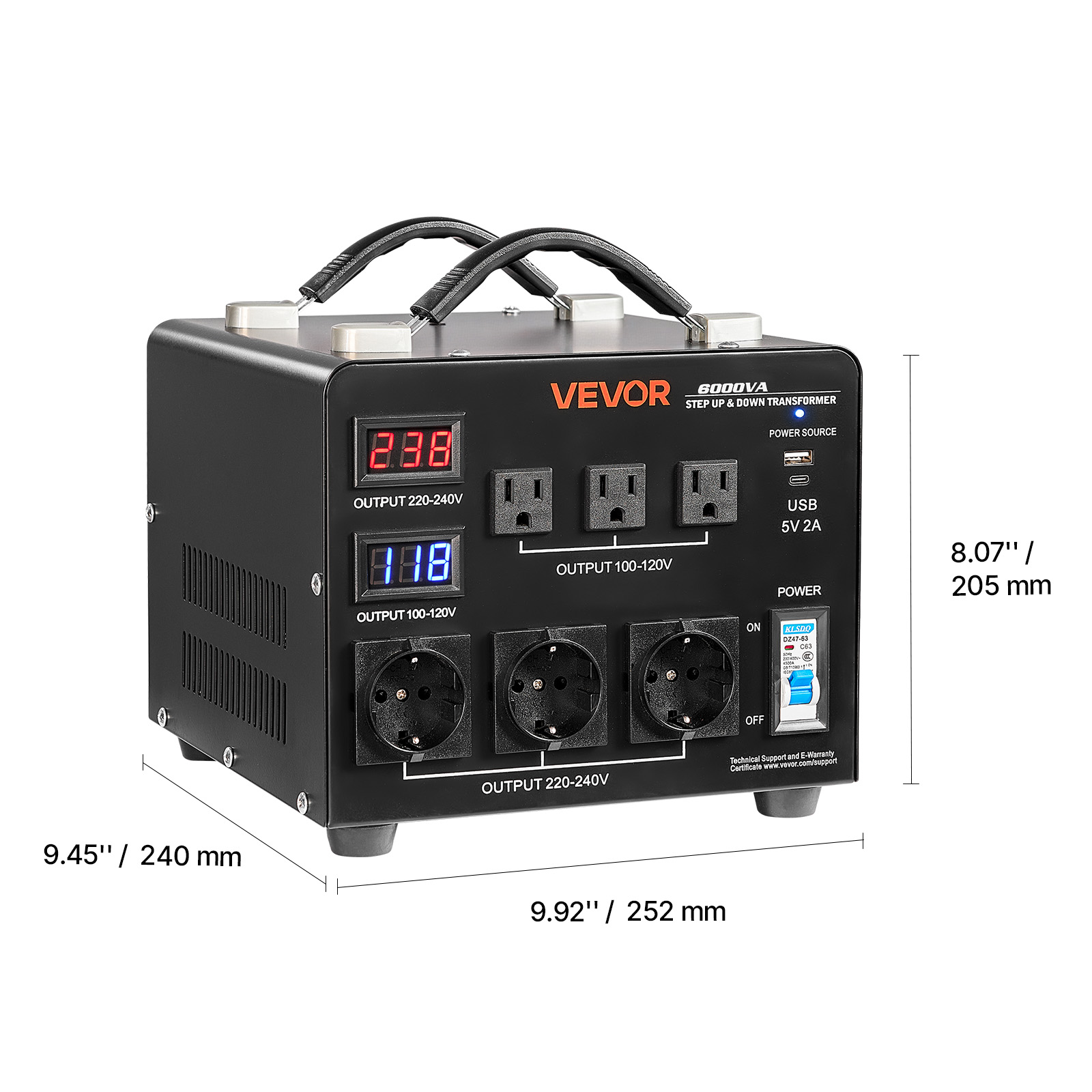 VEVOR Voltage Auto Converter Transformer, 6000W, Heavy Duty Step Up/Down Power Transformer, 110V to 220V and 220V to 110V, with 3 US Outlets, 3 EU Outlets, LCD Display, Circuit Breaker Protection