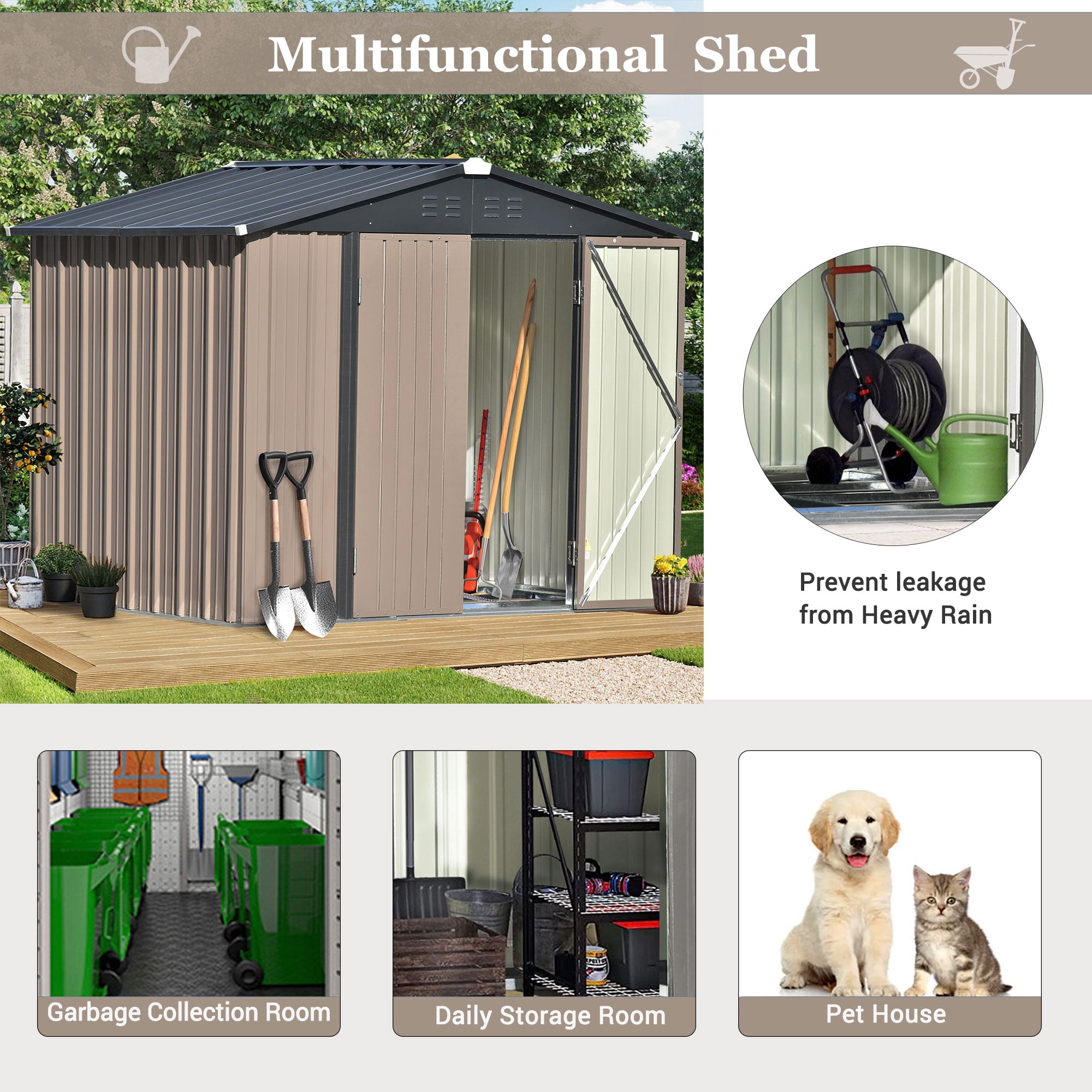 Storage Shed 8FT X 6FT, Outdoor Shed Garden Storage Shed Metal with Lockable Doors and Foundation Frame, Bike Shed for Patio Lawn Backyard Trash Cans
