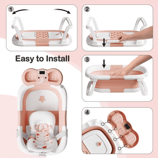 Tumajup Foldable Baby ‎Bathtub Elephant PP+TPE with Soft Cushion&Thermometer for 0-36 Months Toddler Gray