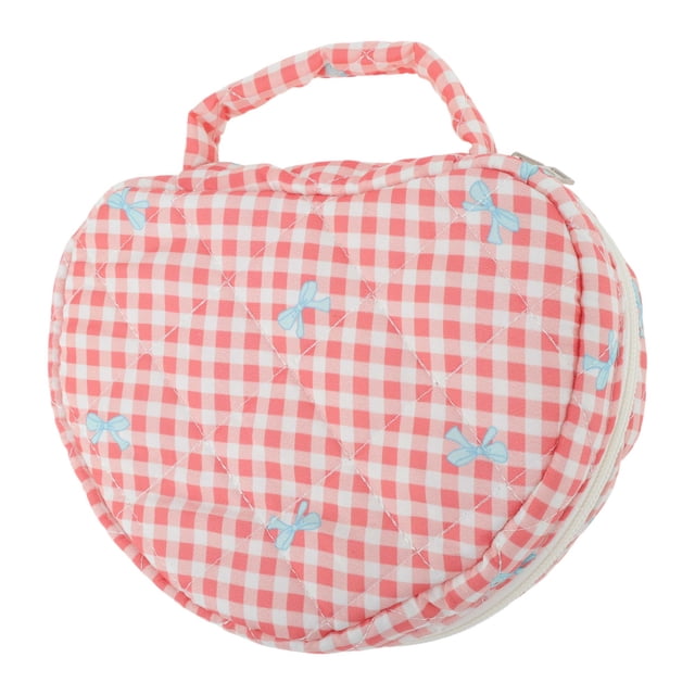 Bolsa de maquillaje con forma de corazón y patrón a cuadros para viajar, poliéster rojo