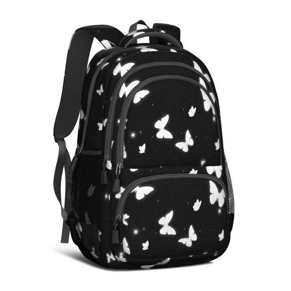 Black White Butterfly Star Pattern Cute School Backpack Bag with Padded Back and Adjustable Shoulder Straps 16.9 X 12.6 X 5.9 Inches