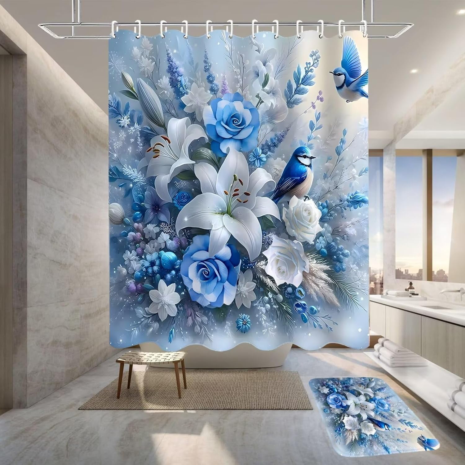 4Pcs Butterfly Shower Curtain Sets with Rugs Butterfly Pearl Bathroom Set with Non-Slip Rugs Toilet Lid Cover and Bath Mat Vintage Shower Curtain with 12 Hooks, Durable Bathroom Decor Set