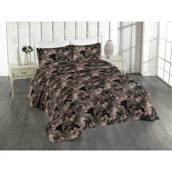 Ambesonne Vintage Quilted Bedspread Set 3 Pcs, Retro Grunge Earthy Peony, King, Umber Dark Brown