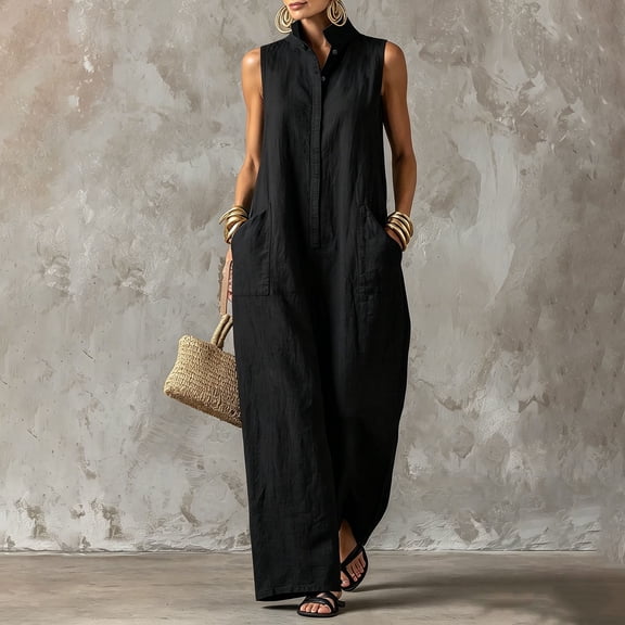 Puyaiuu Women Summer Stand Collar Button Front Sleeveless Wide Leg Linen Blend Jumpsuit Black XXXL Gift