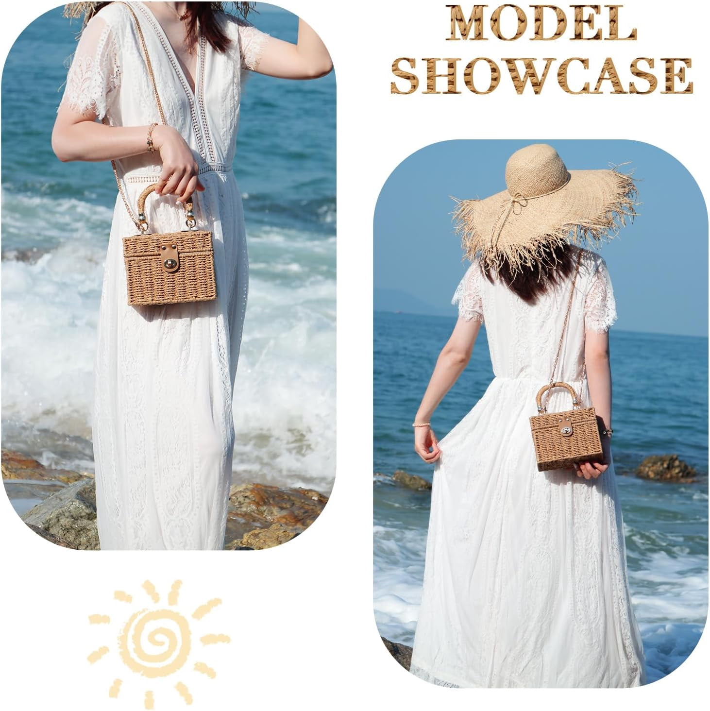 Women Handwoven Rattan Handbag Beach Straw Tote Bag Square Boho Crossbody Bag