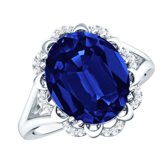 Rosec Jewels Vintage Inspired Lab Grown Blue Sapphire Ring with Diamond (10X12 mm), 925 Sterling Silver, US 4.00