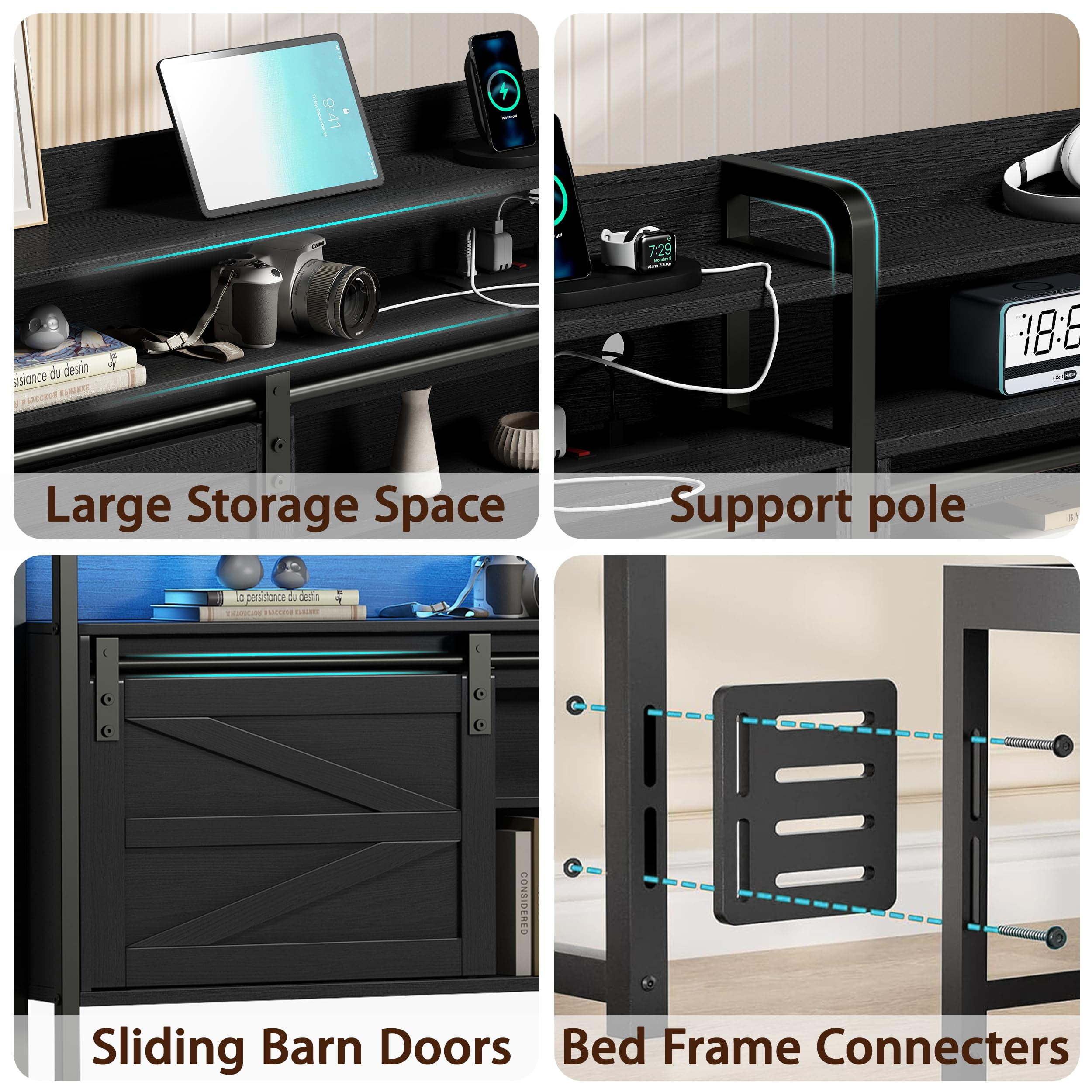 Akaber King Size Headboard, 3 Tier Storage Headboard with Sliding Barn Doors, Outlets, USB Ports, LED Light, Width Adjustable for King Size Beds, Rustic Black