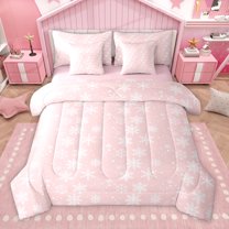 Homewish Merry Christmas 7-Piece Bedding Comforter Set,Cute Christmas Snowflake King Bedding Sets,Pink White Bed Sheets For Girls Kids,Super Cozy Room Decor Reversible