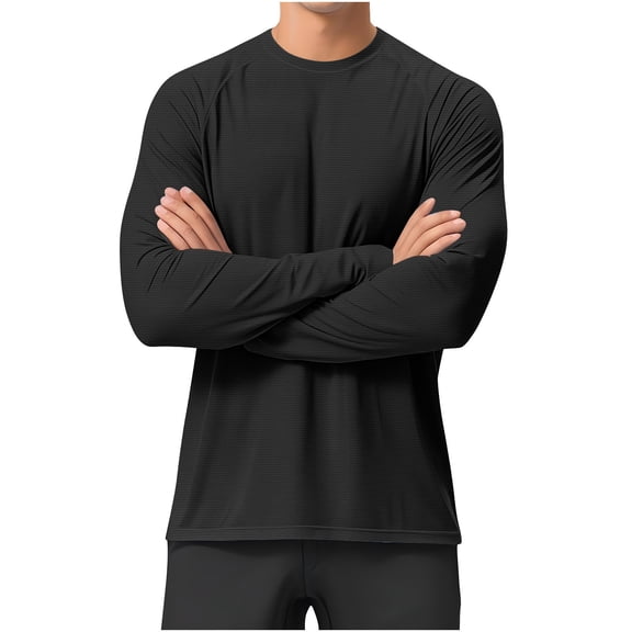 BVnarty Men's Summer Solid Lightweight Breathable Sun Protection Top UPF Shield Long Sleeve Crew Neck Outdoor Hiking Daily Wear Black S