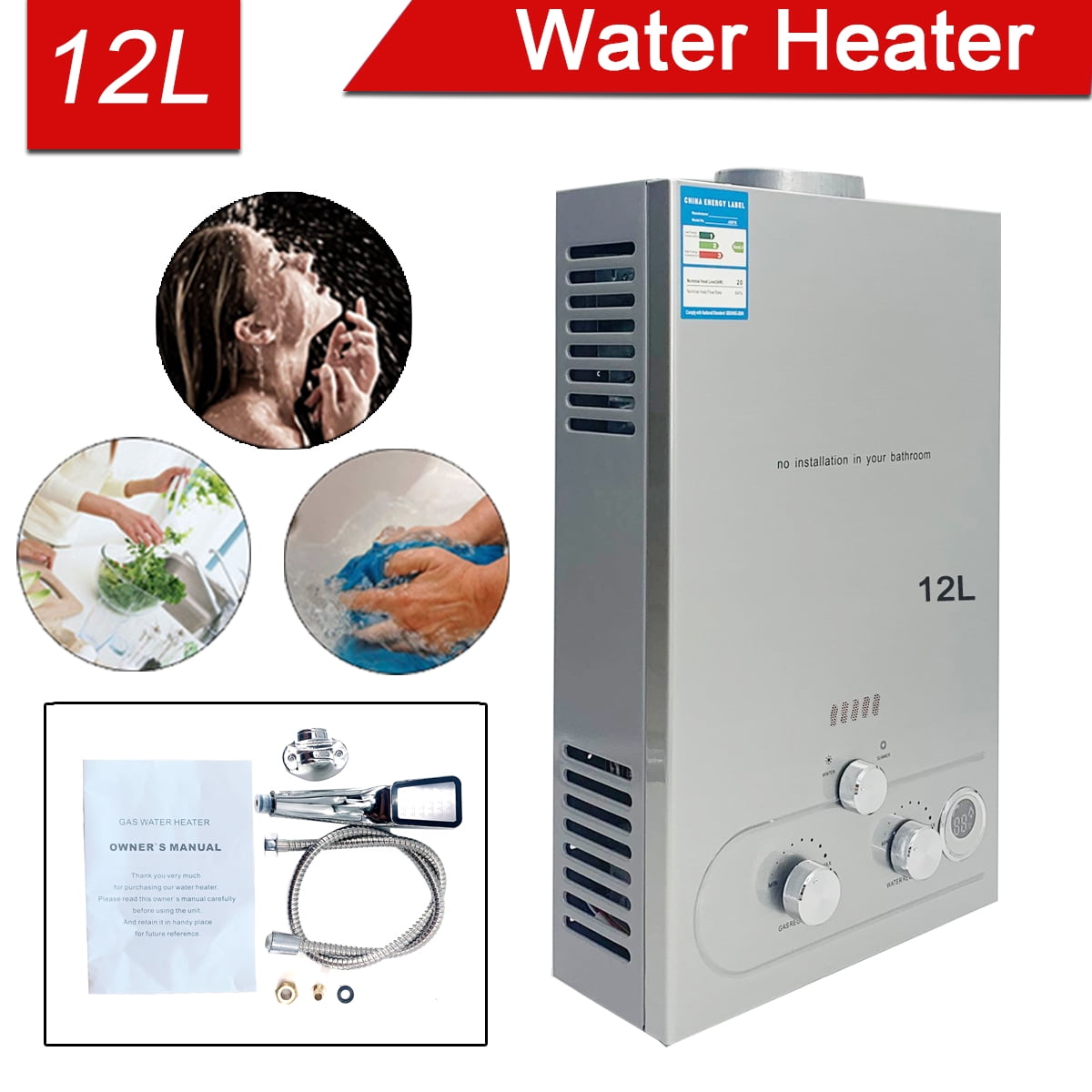 SUDEG 12L/min Tankless Hot Water Heater Propane LPG Gas Instant with