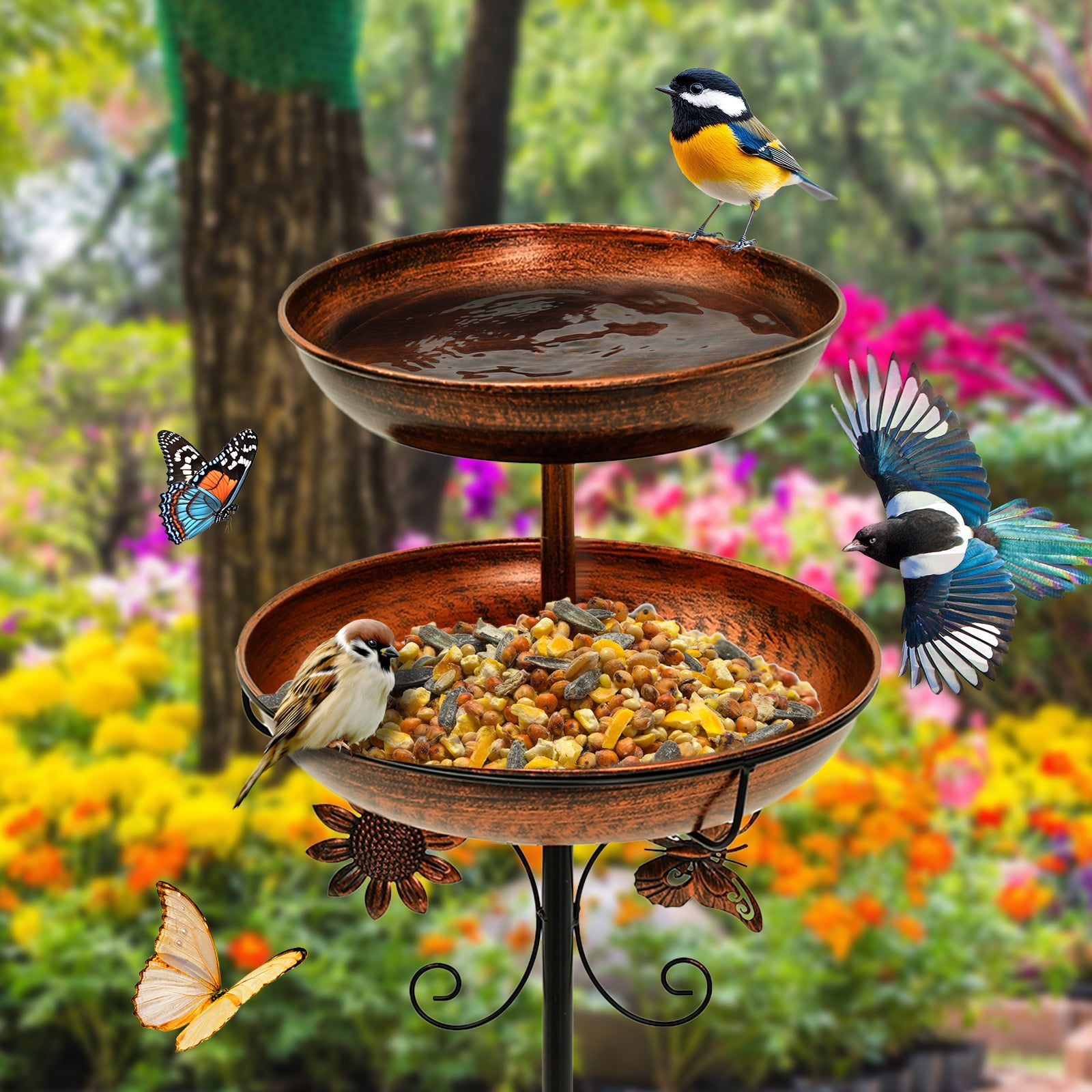 Iron Feeding Bird Bath Spike With 5 Pronged Base Decorative Rust Resistant Bird Feeder Standing Bath for Outdoor Garden Patio Yard Lawn