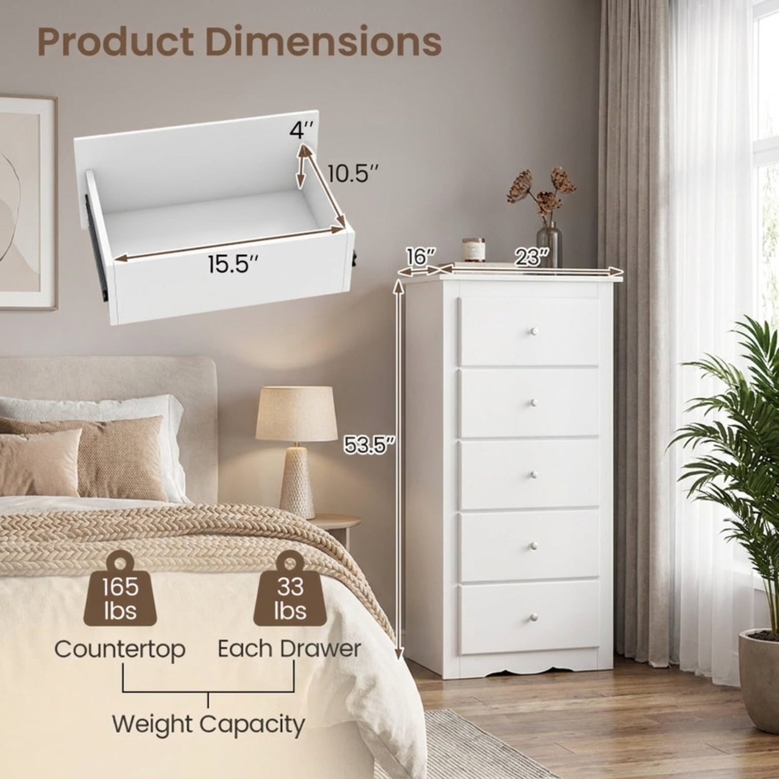 Furnibear Tall Dresser for Bedroom with 6 Drawers and Wheels Chest of Drawers Clothes Storage Cabinet for Closet Home Office and Entryway, White