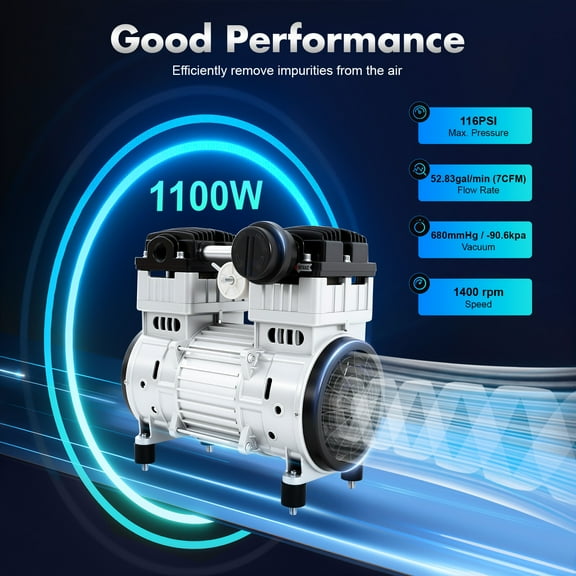 12.59*6.69*11.41inch 1100W Aluminum Alloy Silver Oilless Vacuum Pump Industrial Oil-free Silent Diaphragm Vacuum