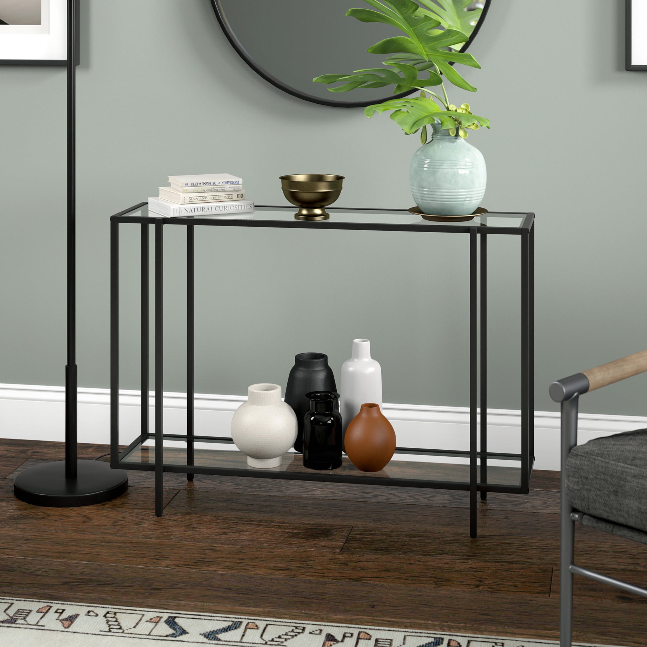 Evelyn&Zoe Vireo 42" Wide Rectangular Console Table with Glass Shelf, Blackened Bronze