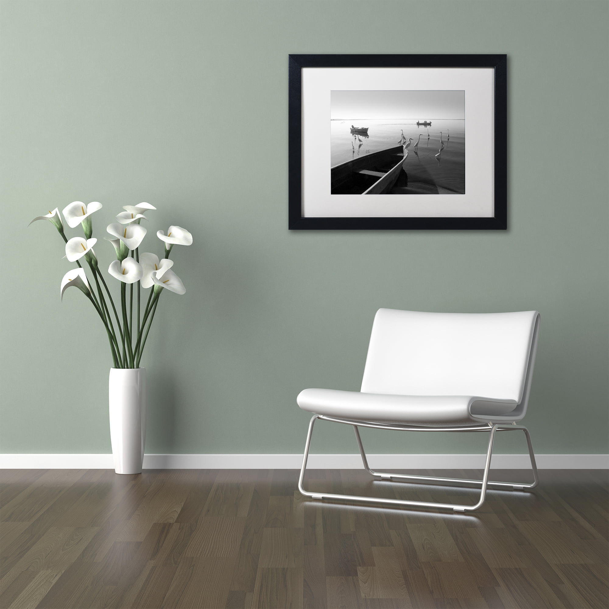 Moises Levy 'Herons and 3 Boats' Matted Framed Art