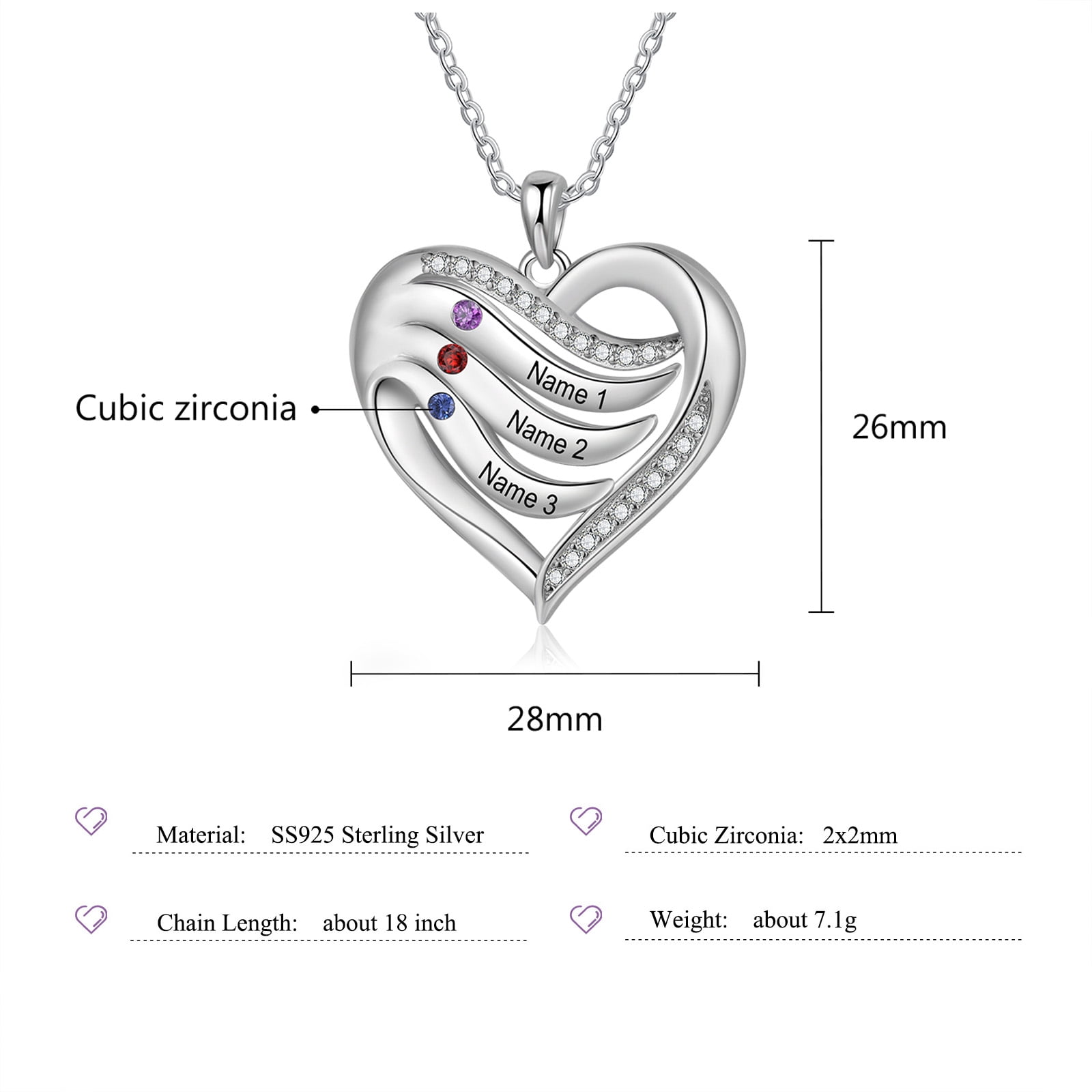 Mementos Personalized Family Mother's (Women's) Necklace Sterling Silver with 3 Birthstones Names