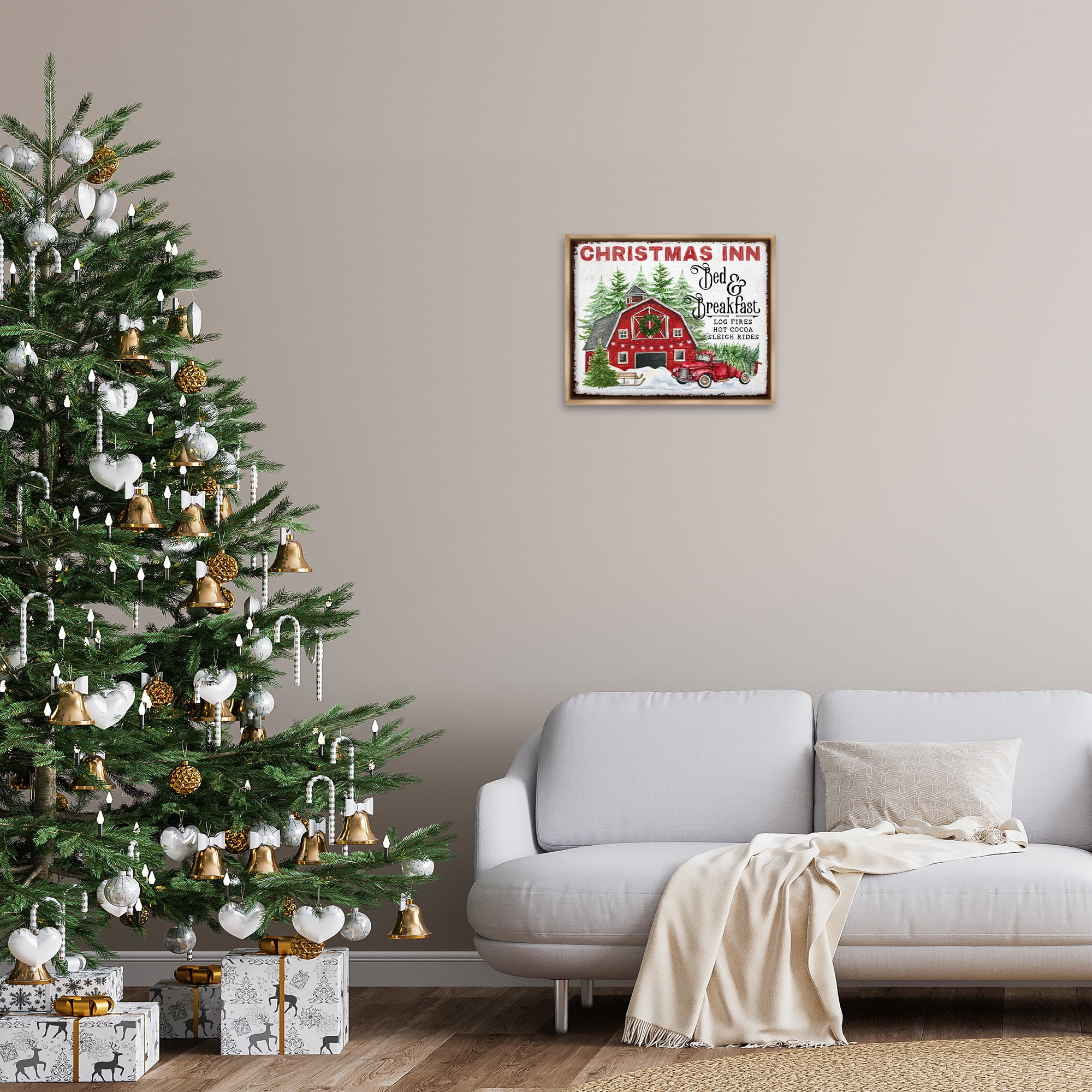 Stupell Industries Christmas Inn Shop Holiday Painting Brown Floater Framed Canvas Art Prints Wall Art, 21 x 17