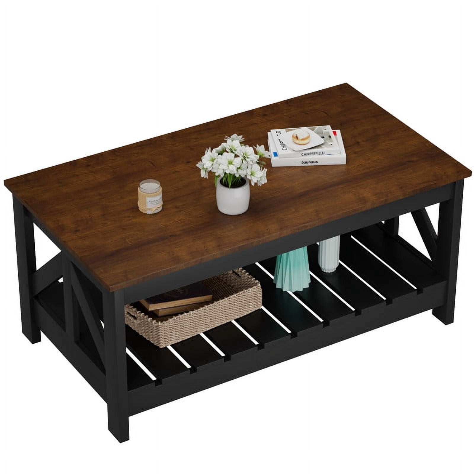 Homall 39" 2-Tier Farmhouse Coffee Table Wood Center Table with Storage Shelf for Living Room, Brown & Black