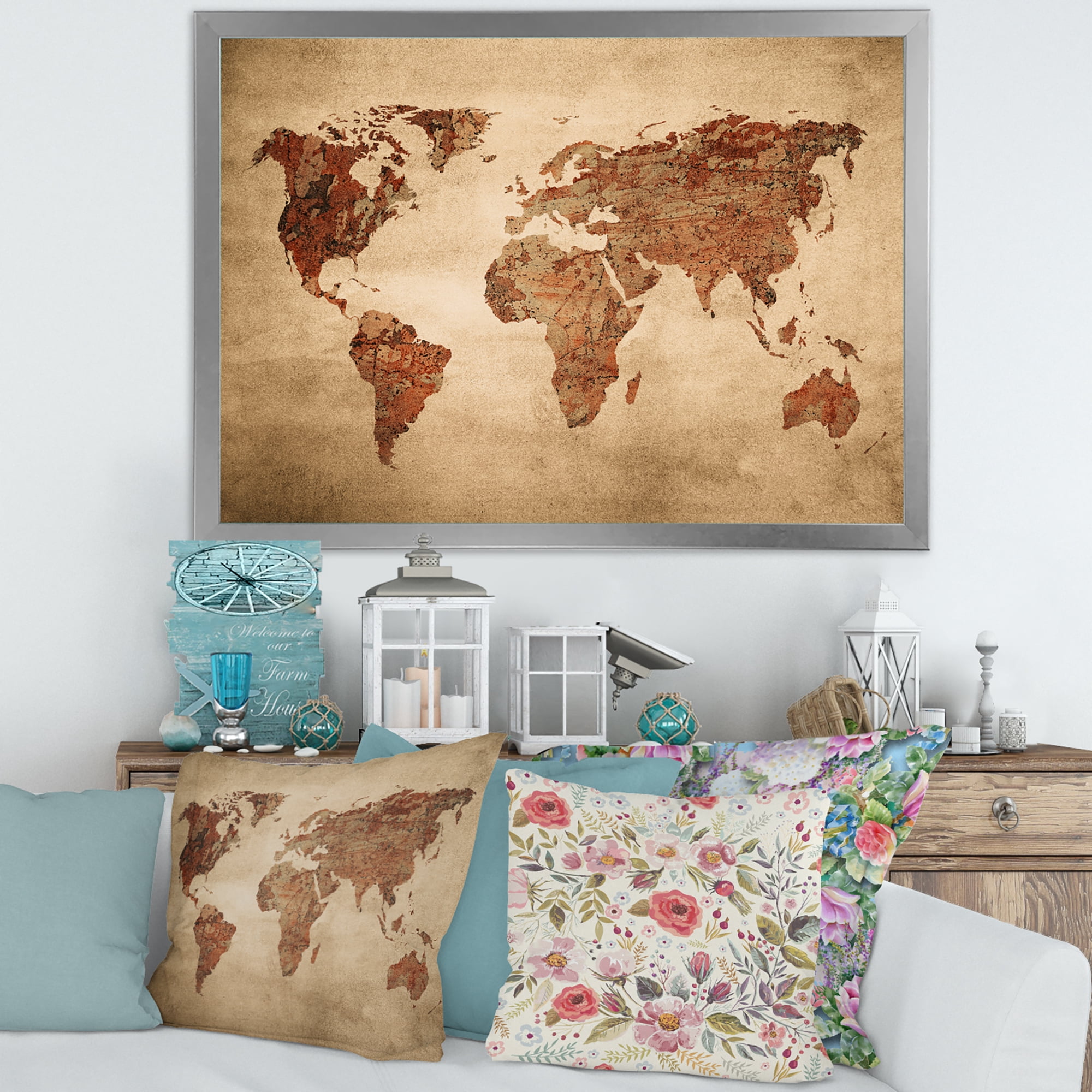 Designart 'Ancient World Map VII' Vintage Framed Art Print