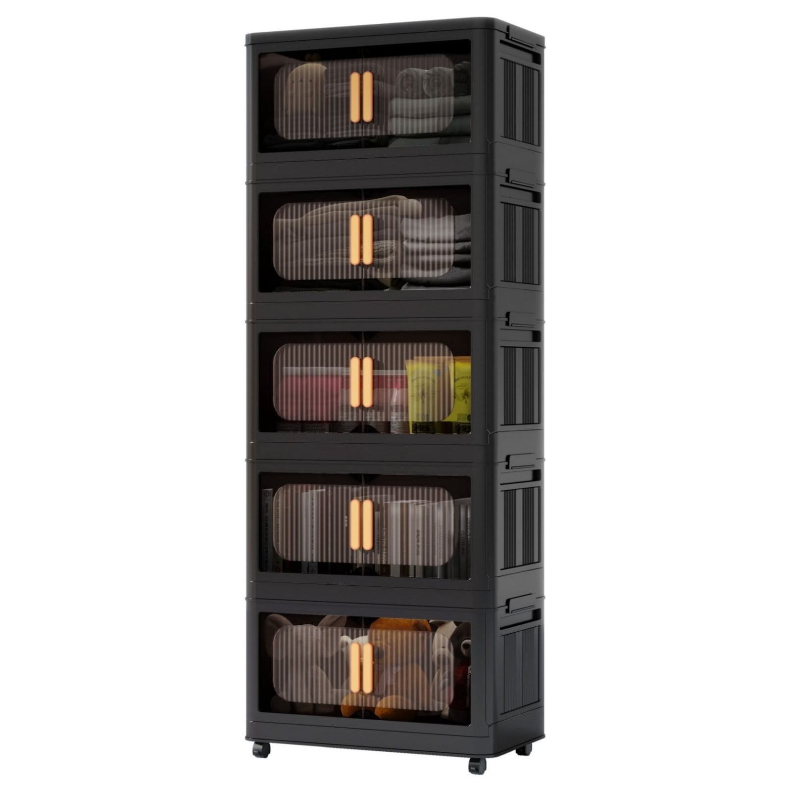 20" Folding Storage Cabinet with Wheels, 5-Tier Collapsible Plastic Organizer with Magnetic Door, Portable Utility Storage Rack, Black