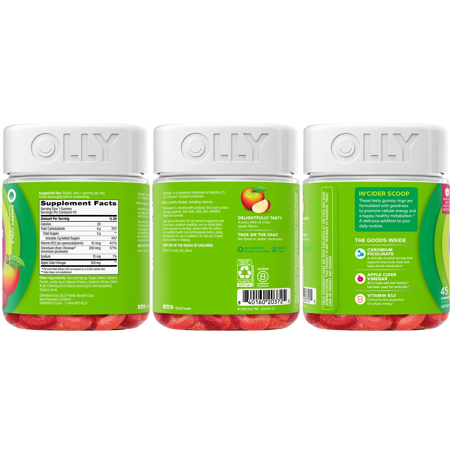 OLLY Metabolism Gummy Ring Supplement, Apple Cider Vinegar, Vitamin B12, Chromium Picolinate, Apple Flavored, 45 Ct