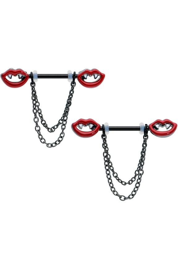 14G Womens Piercing Steel Black 2Pc Vampire Fangs Chain Dangle Nipple Ring Set 11/16