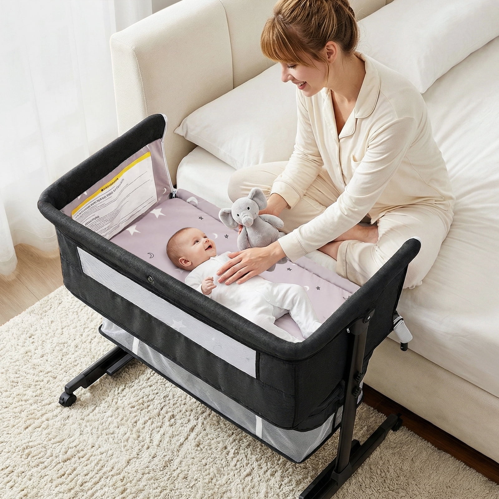 kmaier Baby Bassinet Bedside Crib Foldable Portable  with Adjustable Height, Wheels and Storage Basket,Dark Gray