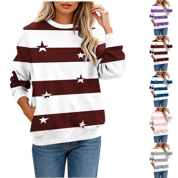 Axdhxbd Color Block Sweatshirts for Women Loose Casual Long Sleeve Crewncek Pullover Tops Fashion Stars Stripes Print Sweatshirt Pink 3XL