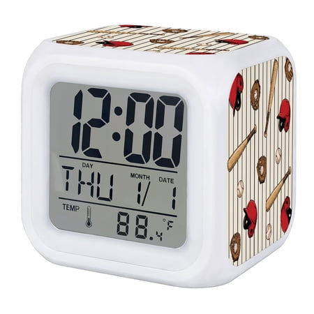 Baseball Sports Digital Alarm Clock for Bedrooms,Smart LED Alarm Clock with 7 Color Changing Night Light,Modern Classic American Balls Striped Silent Wake Up Clocks for Sleep Study Cooking 3.2x3.2