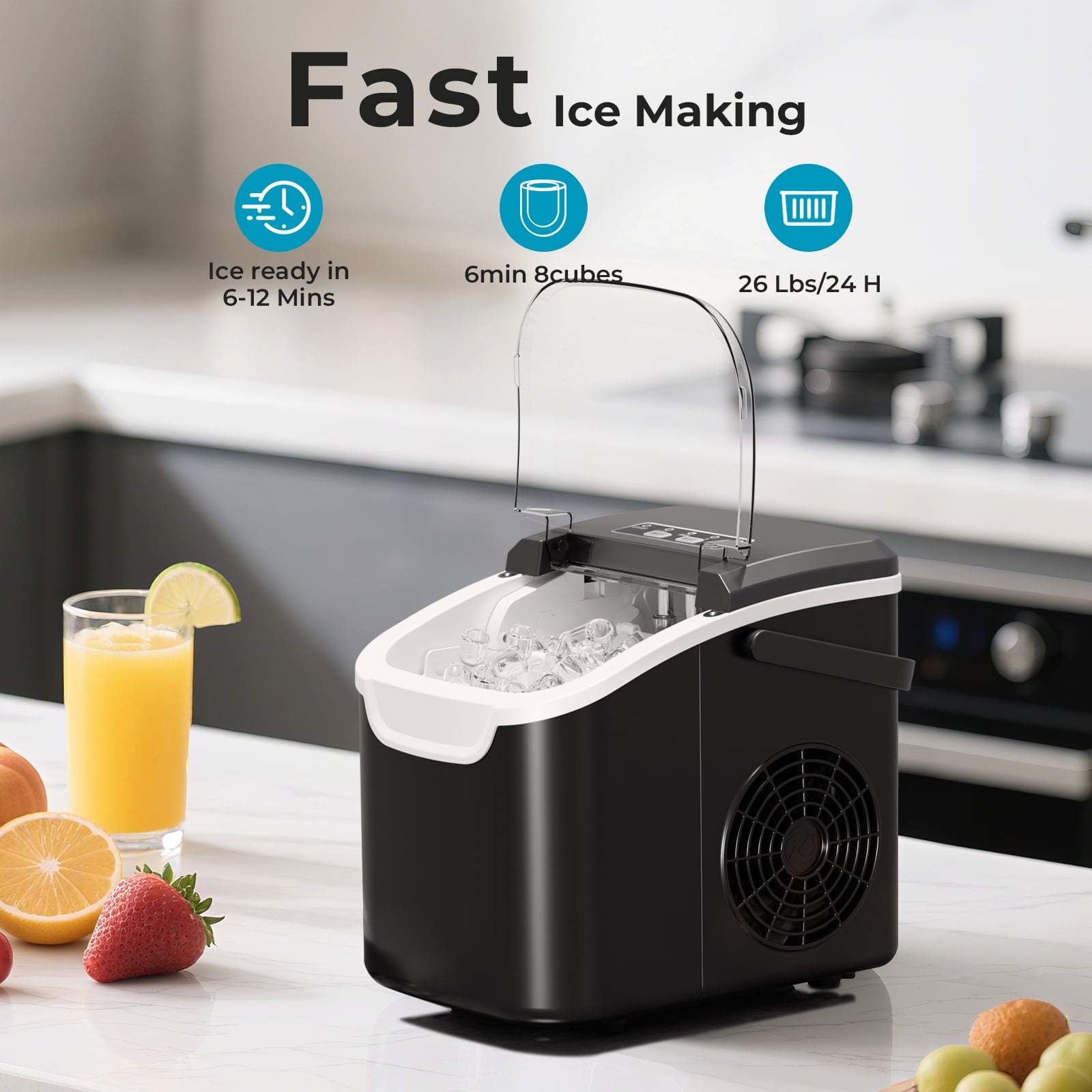WAA Countertop Ice Maker with LED Display & Timer,26lbs/24H,Self-Cleaning,Portable Handle,Compact for Home/Kitchen(Black)
