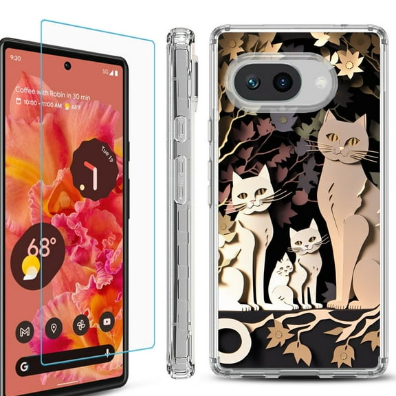 For Google Pixel 9a Phone Case Cover, Shockproof Bumper Case with Tempered Glass Screen Protector, by OneToughShield - Cat Craft