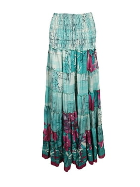 Mogul Women Blue Floral Printed 2 in 1 Recycled Sari Beach Maxi Skirts Bohemian Summer Tube Dress S/M
