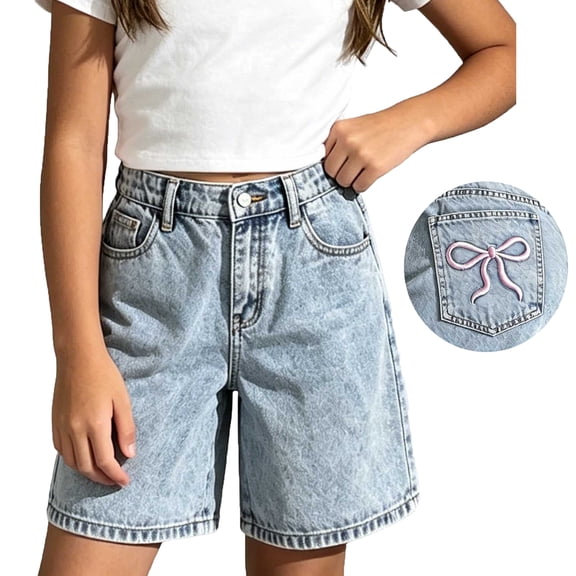 Tqyyweavej Jean Shorts for Girls Y2K Cute Bow Embroidery Denim Bermuda Shorts Wide Leg Summer Jeans with Pockets, Light Blue 12-17 Years