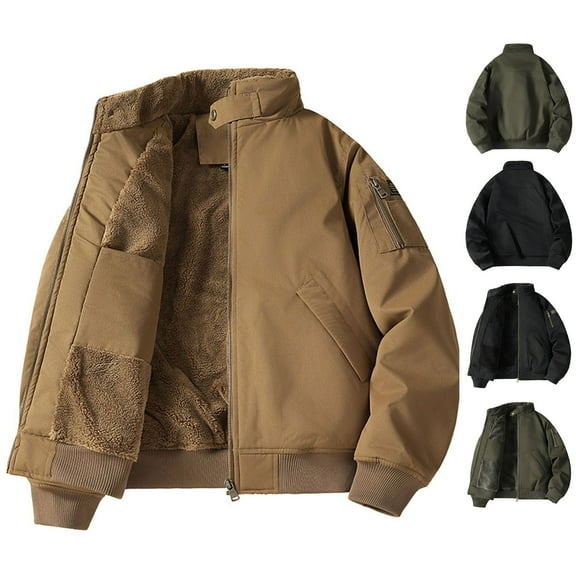 Miluxas Men's solid color long sleeved lapel lambskin button washed workwear pocket double-sided jacket Khaki