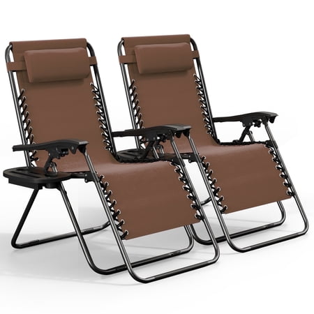 Hearth & Harbor Zero Gravity Chair Set of 2 Outdoor Lounge Chair Set of 2 with Cup Holder Brown