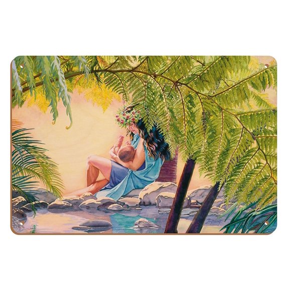 Hawaiian Mother and Child (Ka Makuahine Hawaiʻi A Me Ke Keiki) - From an Original Watercolor Painting by Janet Stewart - 8 x 12 inch Vintage Wood Art Sign