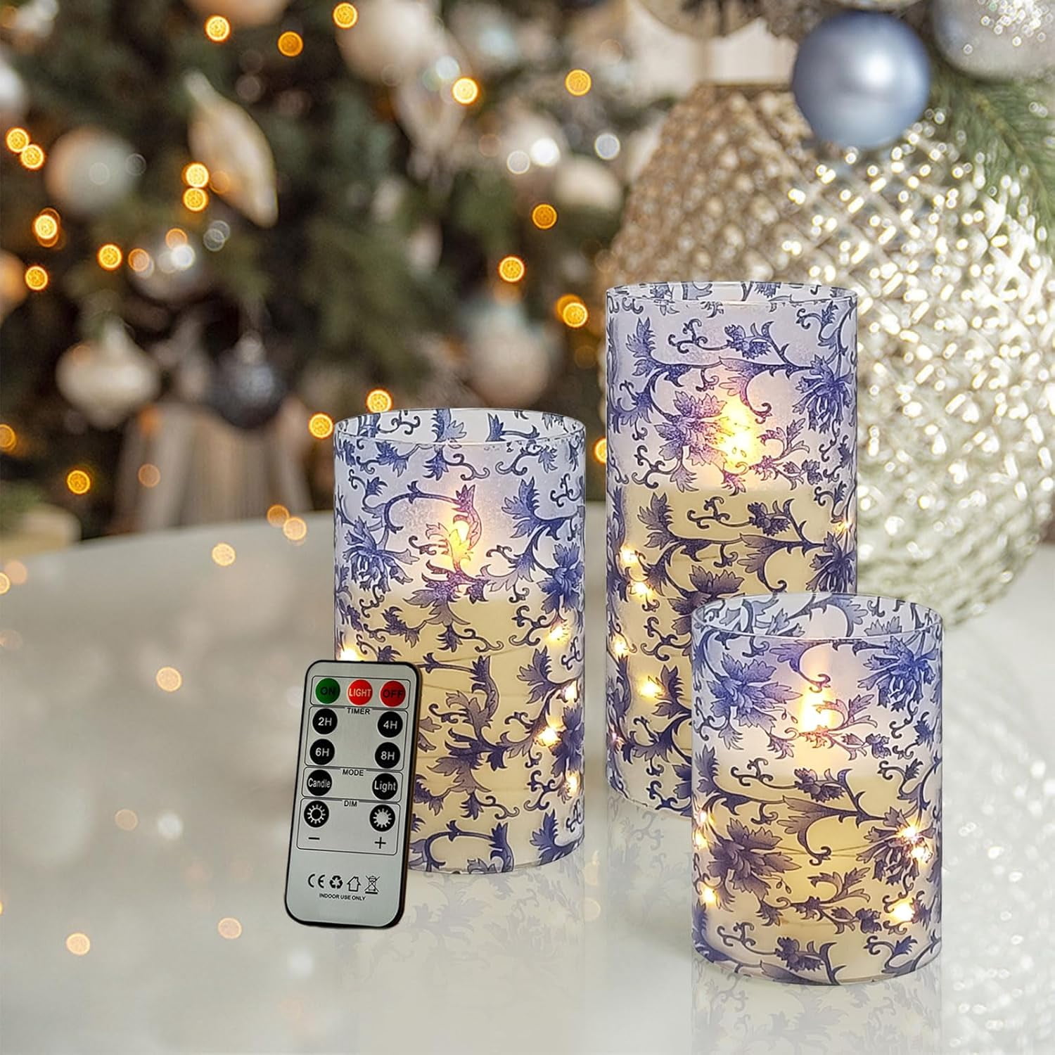 XINAOBAOLUO Blue & White Floral Flickering Flameless Candles, Recessed String Light LED Candles with Remote and Timer for Home Decor Set of 3