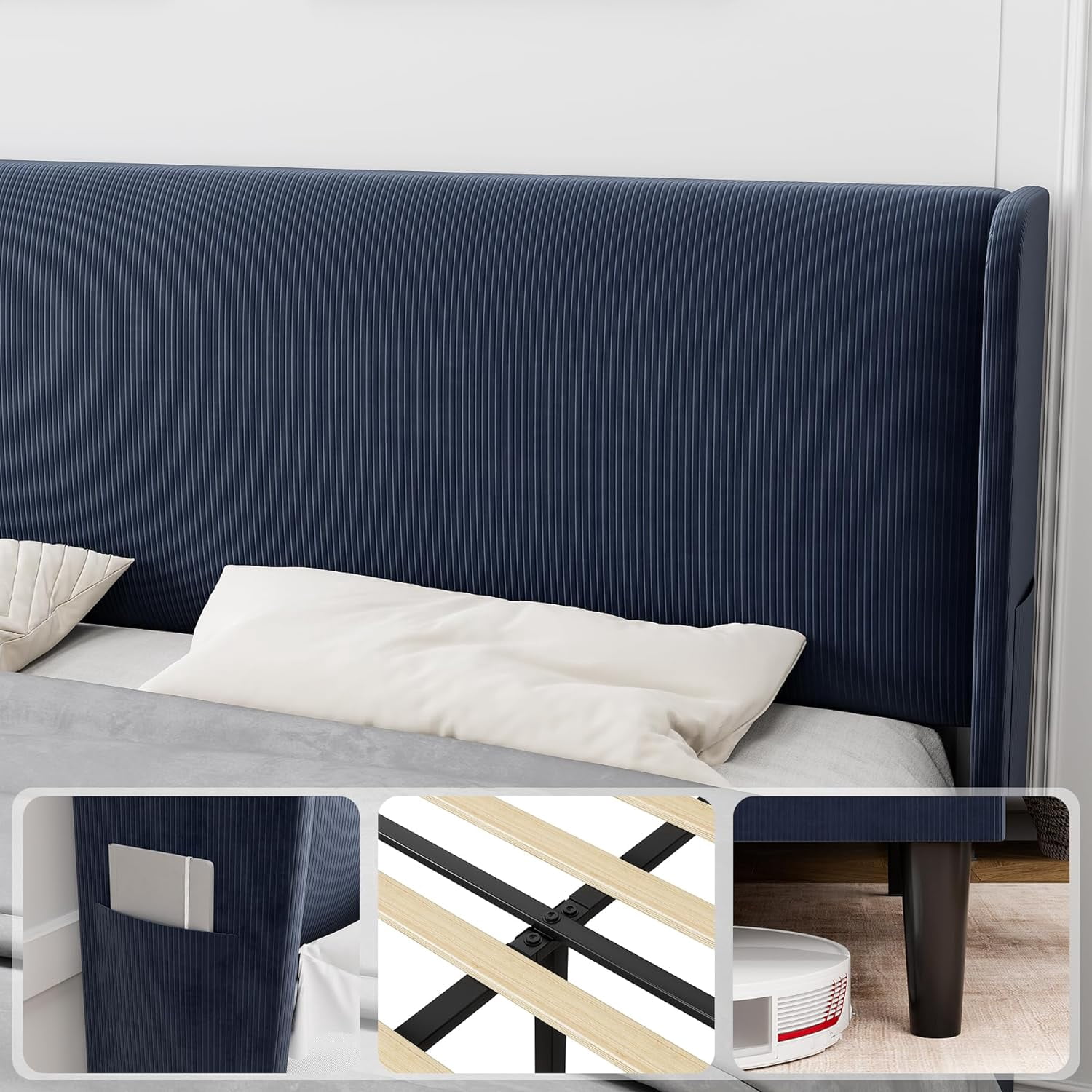 Senfot Queen Size Bed Frame,Upholstered Platform Bed with Wingback Headboard,Velvet Upholstered Bed Frame with 2 Storage Pocket,Strong Wooden Slat Support,Box Spring Optional,Easy Assembly,Light Gray