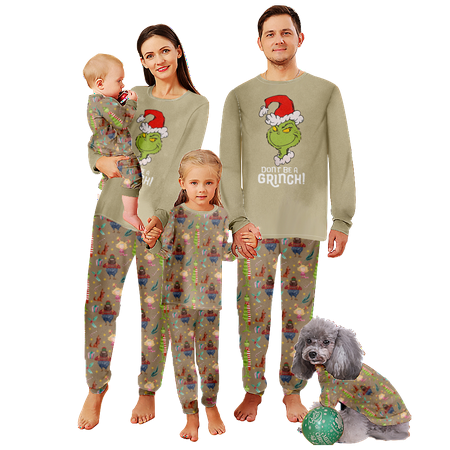 

FUNIER Family Matching Christmas Pajamas Sleepwear Set The Grinch Khaki Printed Sizes for Adult-Kids-Baby-Pet 2 Pieces Top and Pants Bodysuits Clothes Pajamas Set