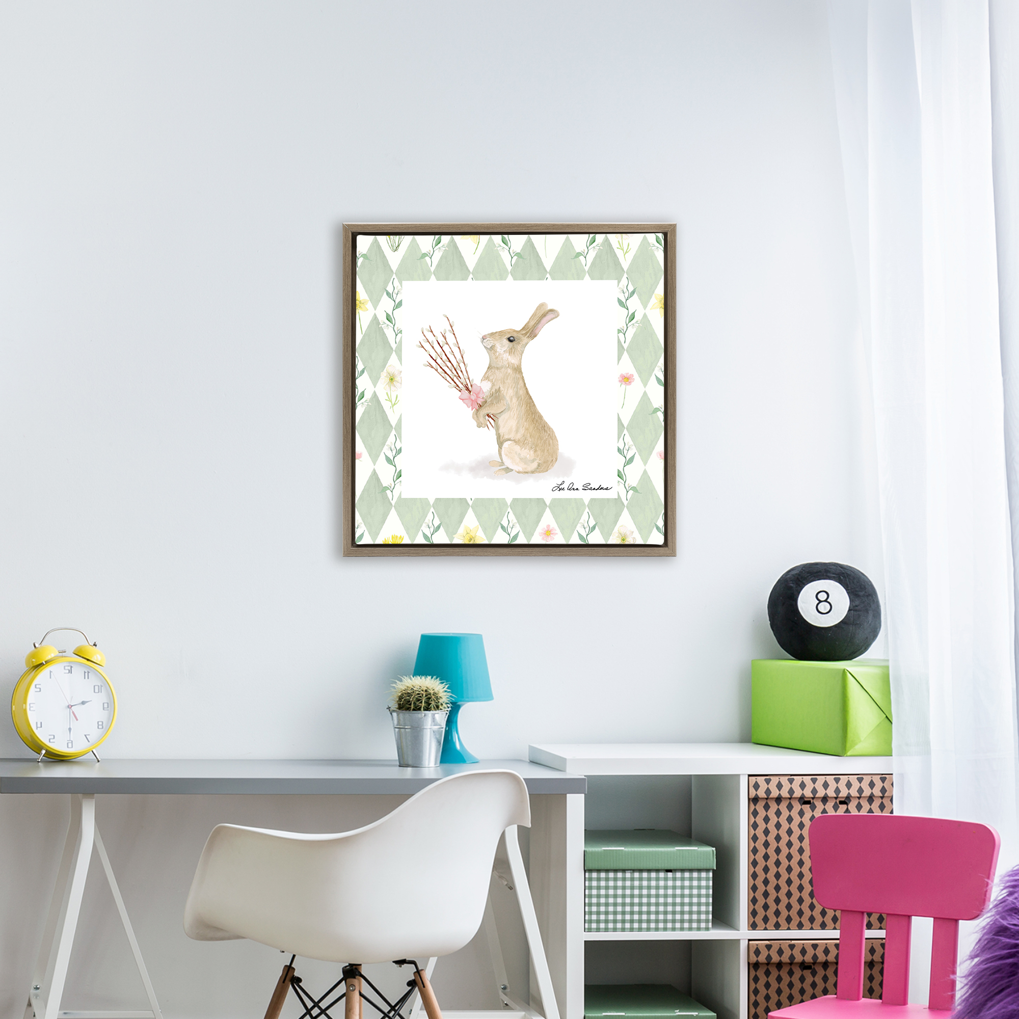 Bouquet Bunny on Green Argyle Brown Framed Floater Canvas Wall Art, design by Lee Ann Sanders