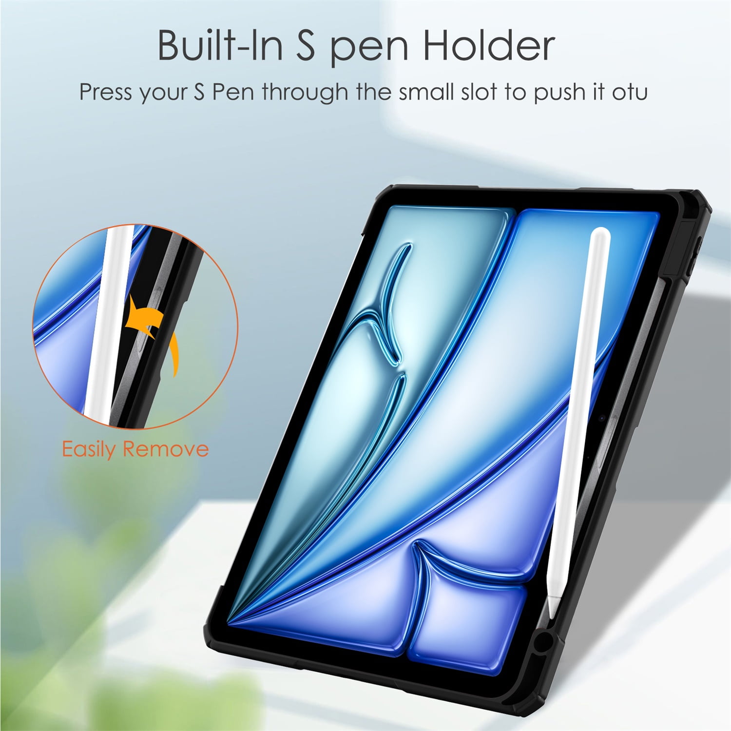 SaniMore Case for Apple iPad Air 11 (2024), Auto Sleep/Wake Shock Resistant [Built-in Pencil Holder] Flip Stand [Dual Angle] Transparent Slim Lightweight Anti-fall Tablet Shell, Black