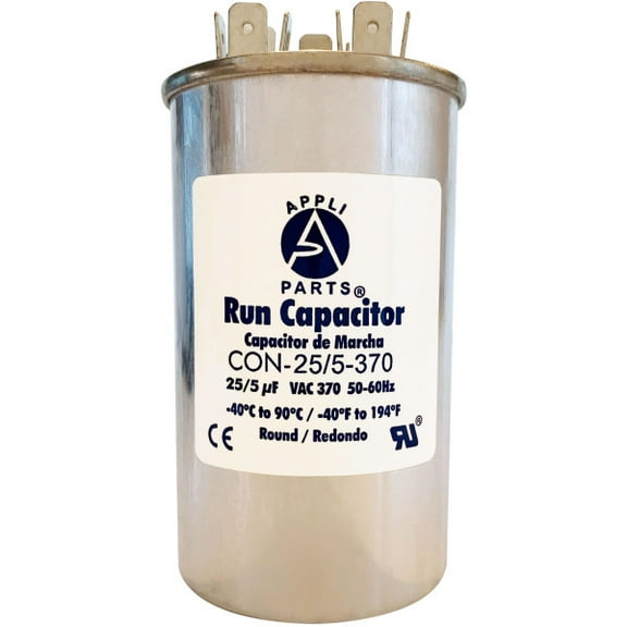 Appli Parts Dual Run Capacitor for ac 25 5 Mfd uF (microfarads) 370VAC CBB65 Round Universal fit for hvac and other applications 2 in Wide 3-3/4 in Height CON-25/5-370-R