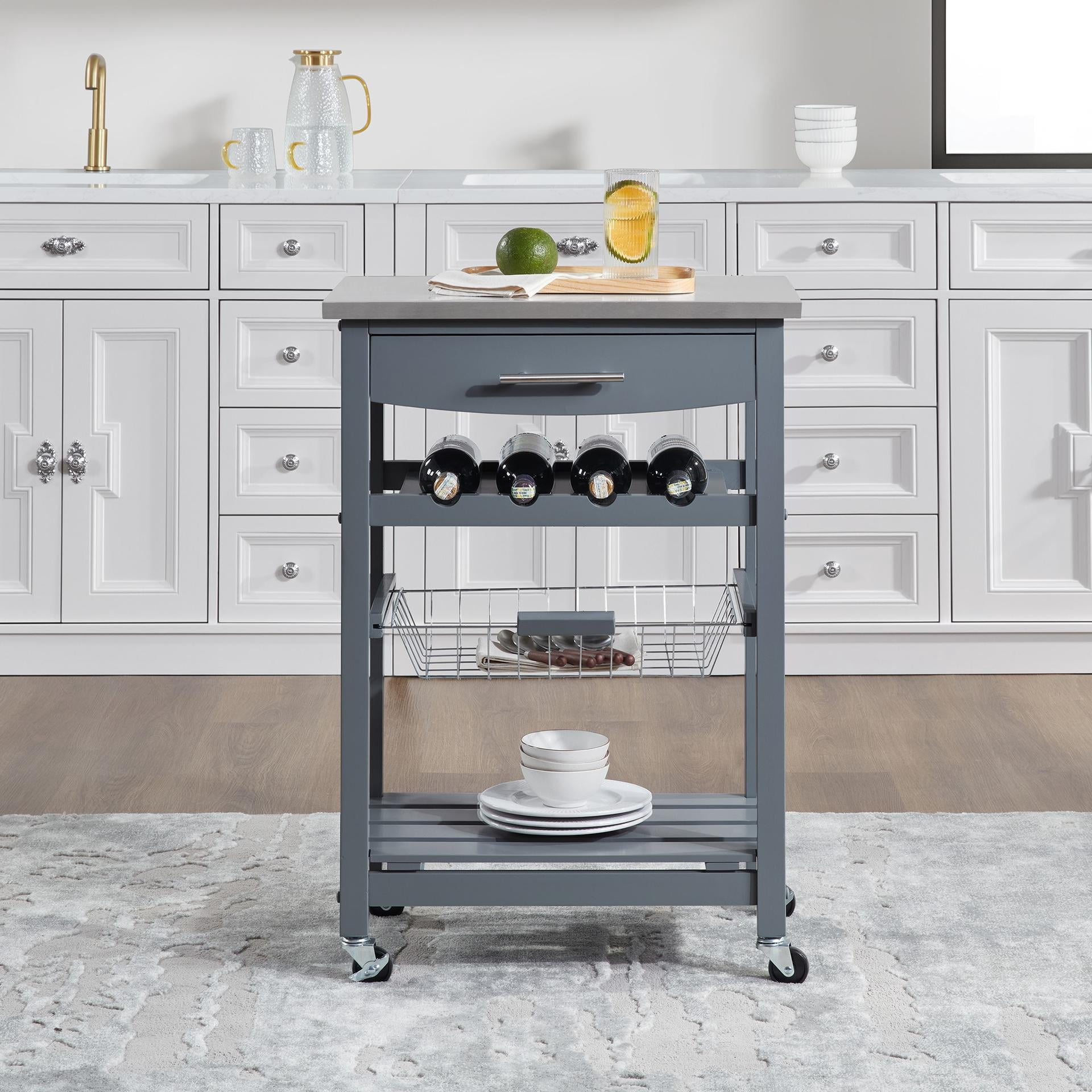 Mobile Rolling Kitchen Island Trolley Serving Cart with Underneath Drawer & Slide-Out Wire Storage Basket