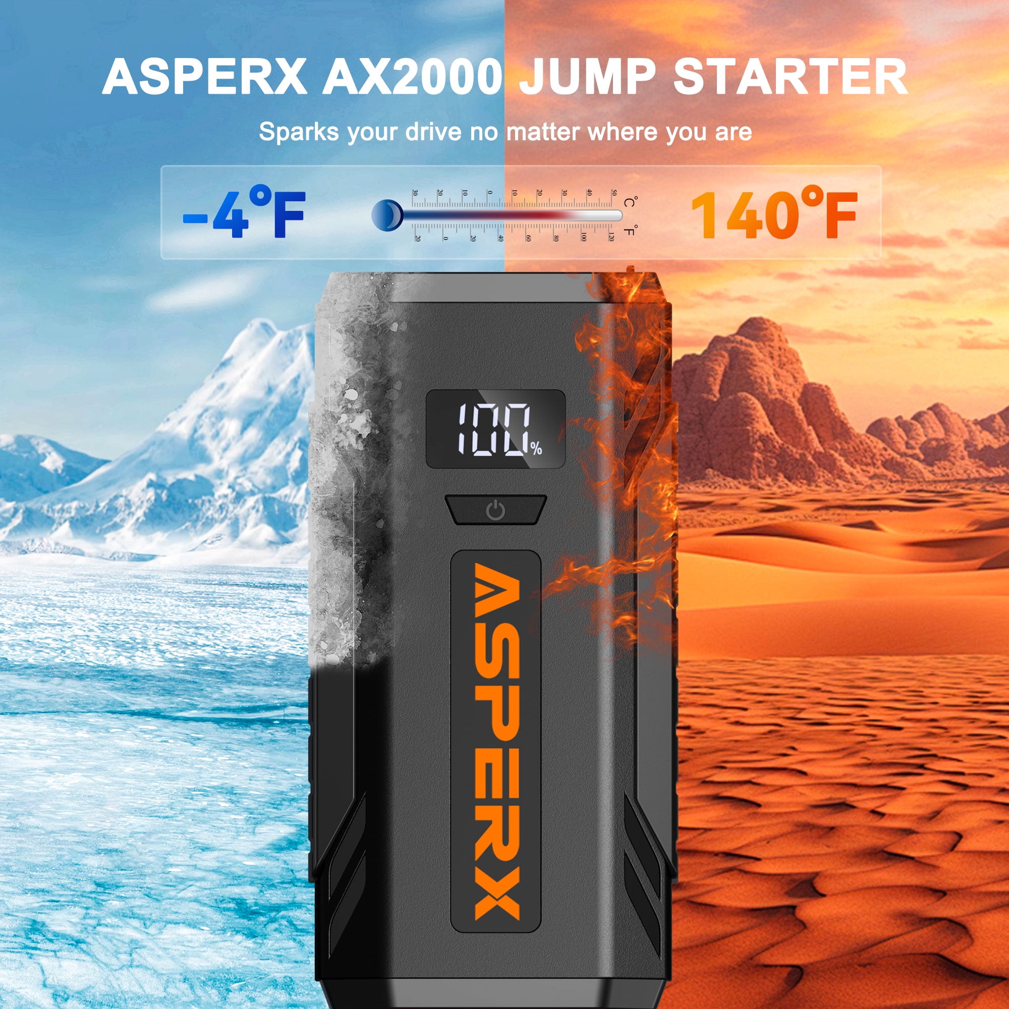 ASPERX Car Battery Jump Starter,2000A Peak Portable Jump Box for Car up to 8.0L Gas or 6.5L Diesel Engine, 12V Battery Power Booster with LED Light