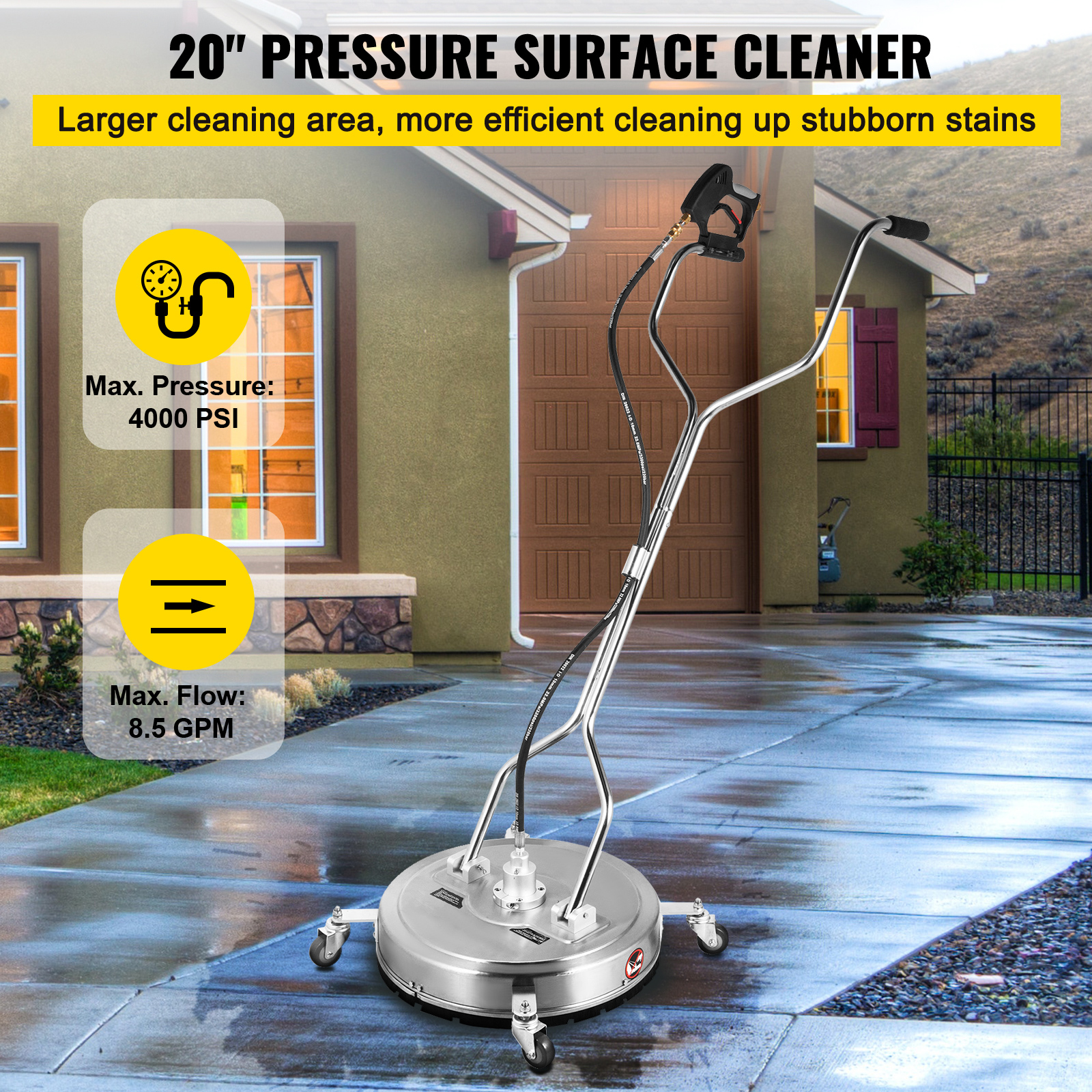 BENTISM 2 Nozzles 20" Pressure Washer Surface Cleaner , Max. 4000 PSI Pressure, for Cleaning Driveways, Stainless Steel Frame w/ Rotating Dual Handle, Wheels, Fit for 3/8" Quick Connector