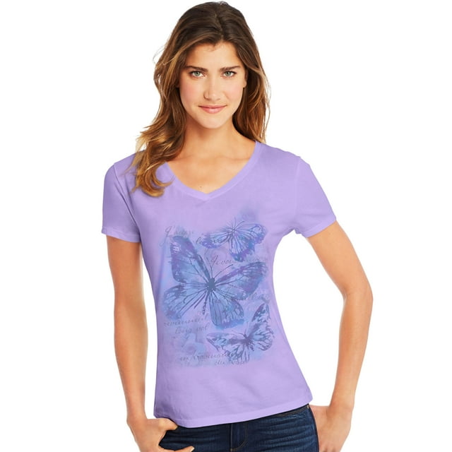 Hanes T-Shirt à Manches Courtes Col en V pour Femmes, P, Grande Impression Papillon/violet Salé