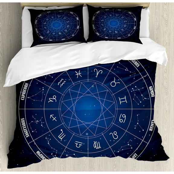 Astrology Duvet Cover Set, Zodiac Horoscope Chart in Wheel Shape Dates in Space Dots Image, Decorative 3 Piece Bedding Set with 2 Pillow Shams, Queen Size, Dark Blue and White, by Ambesonne