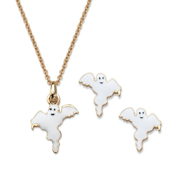 Halloween 2-Piece Set Ghost Pendant Necklace and Earrings in White Enamel and Gold Tone 16"-18"