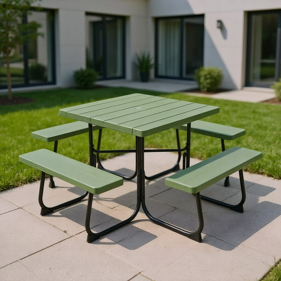 YYAo Portable Picnic Tables,Outdoor Picnic Table with 4 Benches and Umbrella Hole-Green