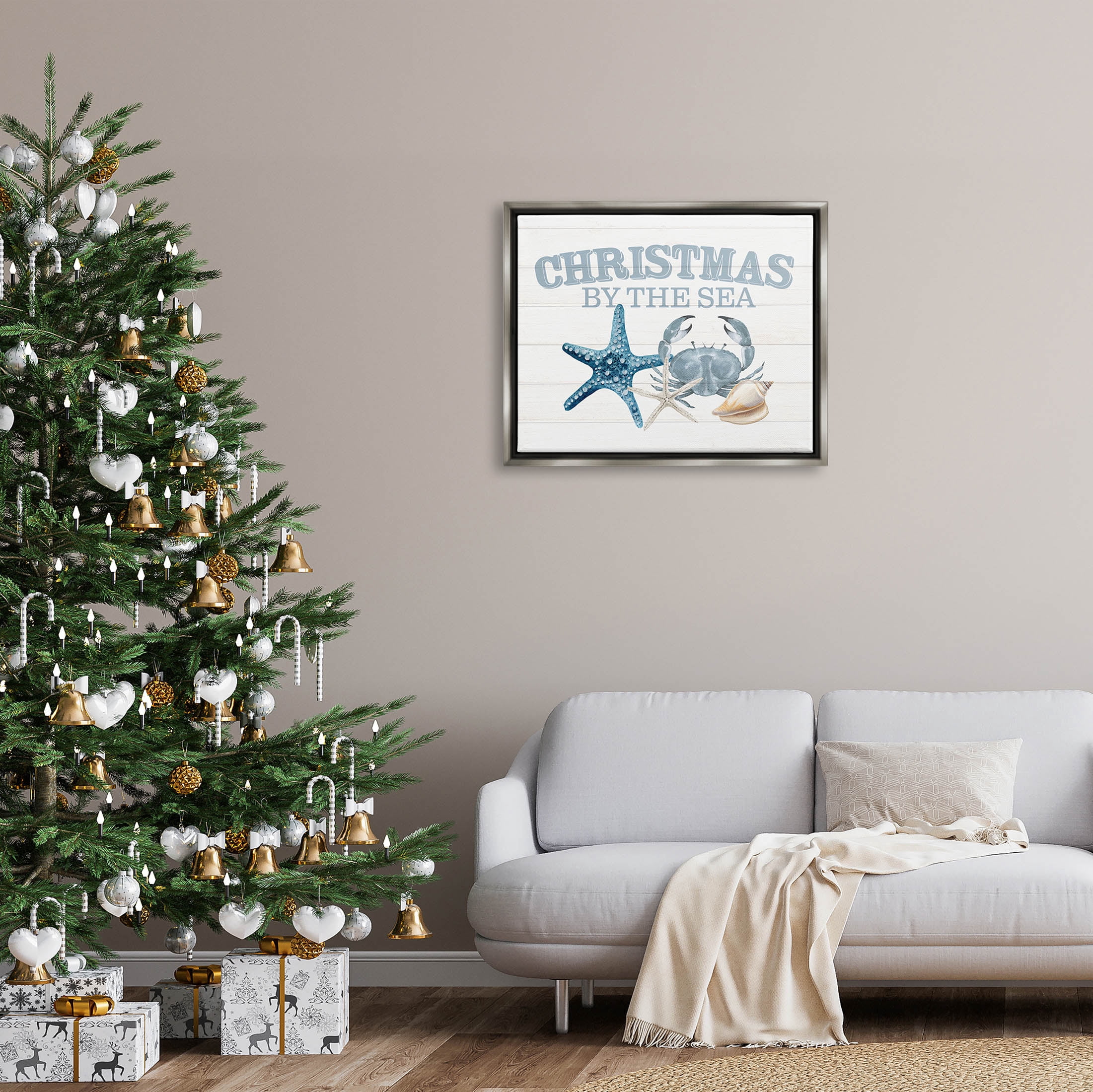Stupell Industries Christmas By The Sea Nautical Graphic Art Luster Gray Floating Framed Canvas Print Wall Art, Design by Kim Allen
